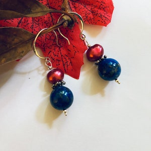Red Pearl and Blue Lapis Lazuli Earrings Handmade Beaded Jewelry Fall Winter Christmas Hanukkah Earrings Gift Gemstones and Sterling Silver
