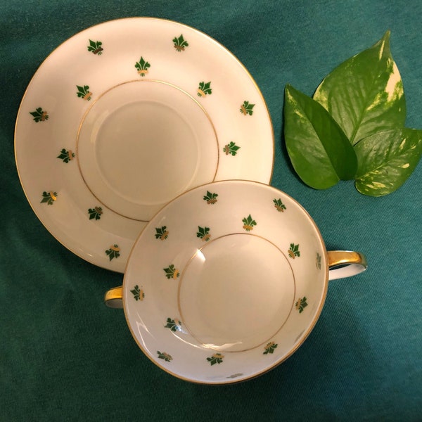 Eschenbach Germany Soup Bowl and Saucer Vintage Green Gold and White Dinnerware Set With French Fleur De Lis Design Baronet Nanette Pattern