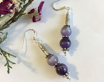 Purple Amethyst Earrings Handmade Banded Amethyst and Sterling Silver Jewelry Purple and White Beaded Drop Earrings Lavender Gemstone Gift