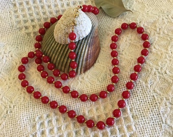 Monet Necklace Vintage Red and Gold Beaded Costume Jewelry Signed 1980s Collectible Mothers Day 4TH of July Christmas Gift
