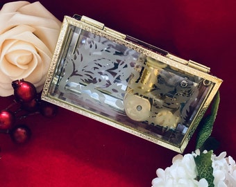 Avon Vintage Beveled Glass and Gold Metal Music Box Etched Leaf Design Made in 2000 Musical Jewelry Trinket Box Easter Mothers Day Gift