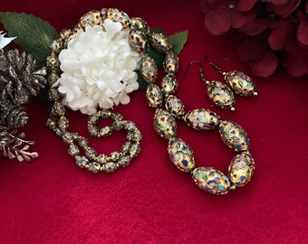 Chinese Champleve Gold Floral Cloisonné Necklace and Earrings Set Vintage or Antique Handmade With Rare Beads and Hand Knotted Thread