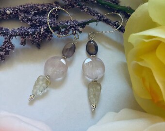 Citrine Amethyst and Rose Quartz Sterling Silver Earrings Handmade With Purple Pink and Yellow Leaf Shape Pastel Gemstone Beads Spring 2024