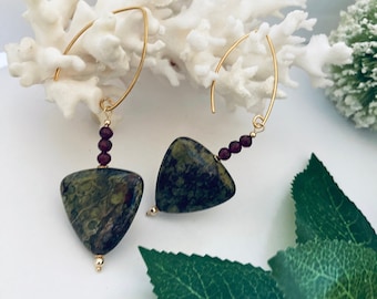 Dragons Blood Jasper and Garnet Geometric Style Earrings Green Maroon and 14K-24K Gold Vermeil Modern Triangle Drop Earrings Spring Jewelry