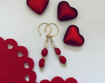 Red Glass and Gold Vermeil Handmade Drop Earrings Dainty Modern Style Valentines Day Fourth of July Christmas Jewelry Gift