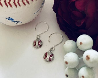 Baseball Earrings Sterling Silver With Micro Pave CZ Crystals and Red Enamel Sparkly Cute Sports Themed Jewelry Spring Summer Fan Gift