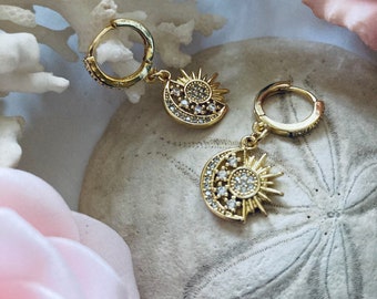 Sun Moon and Stars Earrings 18K Gold Filled Celestial Themed Micro Pave CZ Small Hoops Handmade Sparkly Dainty Huggies Spring Summer Jewelry
