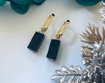 Black Onyx and Gold Rectangle Hoop Earrings Handmade 14K Gold Filled and 24K Gold Plated Oblong Huggies Minimalist Elegant Evening Jewelry