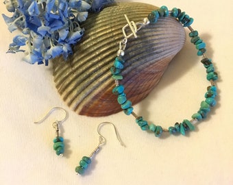 Turquoise Nugget Jewelry Set Small Dainty Aqua Gemstone and Sterling Silver Bracelet and Earrings Handmade Southwestern Style Spring Jewelry