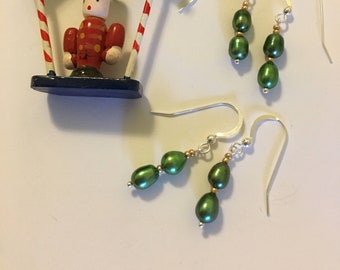 Green Pearl Earrings Spring Jewelry Handmade Gold and Green Dainty Drop Earrings Christmas Stocking Stuffer Gift