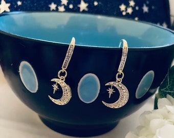 Crescent Moon and Star Earrings 14k-18K Gold Filled With Micro Pave CZ Crystals Galaxy Universe Celestial Dainty Spring Summer Jewelry Gift