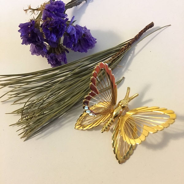 Butterfly Brooch Vintage Monet Gold Plated Spinneret Butterfly Pin Classic 1960 to 1970s Signed Monet Detailed Wire Strung Butterfly Brooch