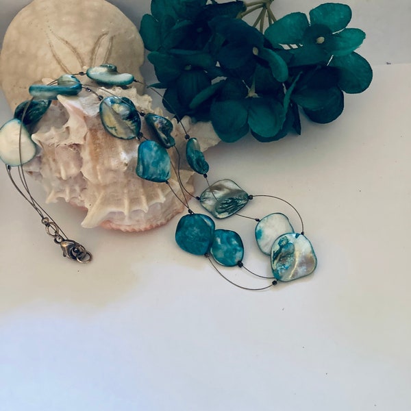 Aqua Blister Pearl Necklace Vintage Double Stranded Shells Wire Floating Style Summer Ocean Sky Colored Beach Boho Hippie Jewelry Gift