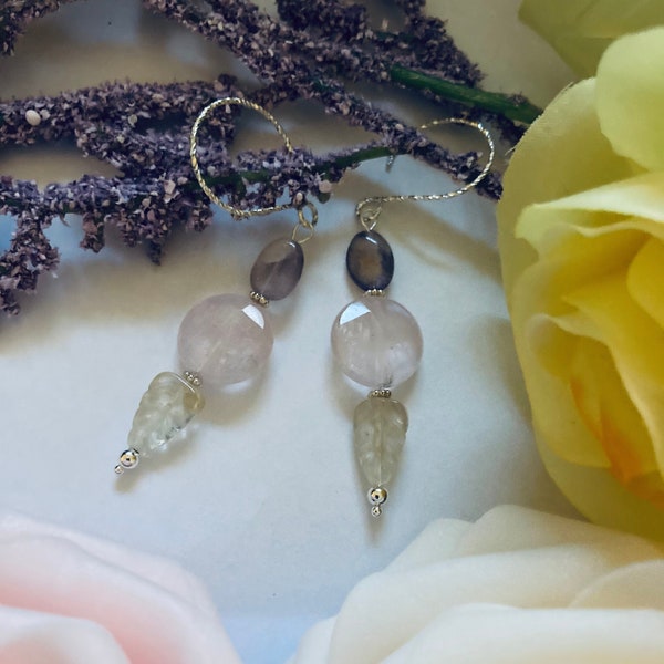 Citrine Amethyst and Rose Quartz Sterling Silver Earrings Handmade With Purple Pink and Yellow Leaf Shape Pastel Gemstone Beads Spring 2024