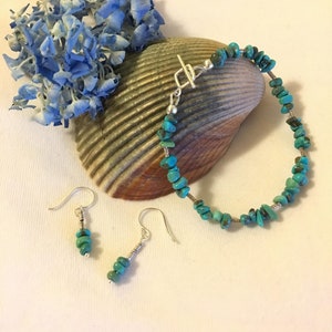 Turquoise Nugget Jewelry Set Small Dainty Aqua Gemstone and Sterling Silver Bracelet and Earrings Handmade Southwestern Style Spring Jewelry