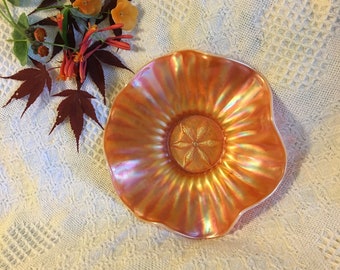 Orange Carnival Glass Bowl Iridescent Ruffled Pumpkin Colored Dish Vintage Collectible Fluted Bowl With Star at Bottom Fall Dining Decor
