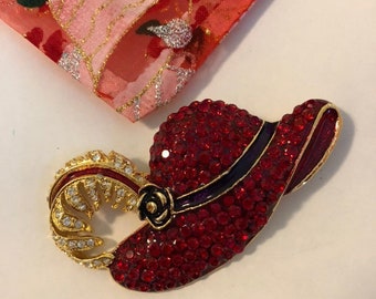 Red Hat Society Brooch Scarlett O'Hara BBQ Hat Pin With Red White Crystal Rhinestones Gold Feather Rare Vintage From 1980s Movie Release