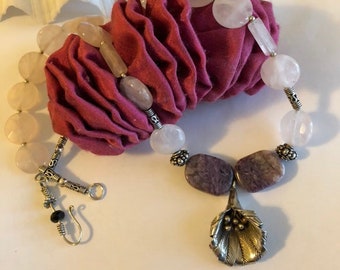 Rose Quartz Floral Necklace Boho Style With Purple Charoite Gemstone Beads Accented With Sterling Silver Romantic Spring Jewelry