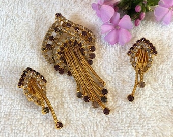 Hobe Purple & White Rhinestone Leaf or Flower Brooch and Earring Set 1920s to 1940s Vintage Victorian Revival Demi Parure Jewelry