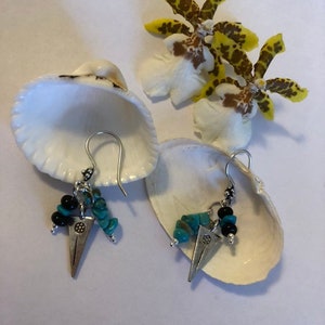 Turquoise and Sterling Silver Triangle Earrings Tribal Style Drop Earrings With Black Onyx Accents and Hill Tribes Floral Etched Focals