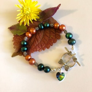 Autumn Dragonfly Bracelet Fall Hunter Green and Orange Pearl Jewelry Thanksgiving Gift Handmade Beaded Bracelet With Sterling Silver Accents image 4