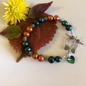 Autumn Dragonfly Bracelet Fall Hunter Green and Orange Pearl Jewelry Thanksgiving Gift Handmade Beaded Bracelet With Sterling Silver Accents