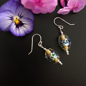 Venetian Glass Earrings Murano Drop Earrings Handmade With Silver Foil and Confetti Multicolor Design Accented In Sterling Silver