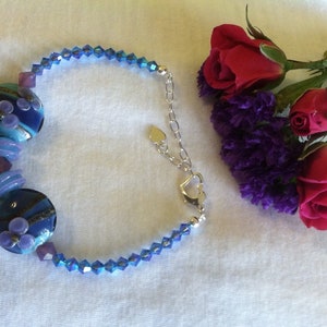 Blue Floral Lampwork and Crystal Bracelet Blue and Purple Handmade Swarovski Crystal and Artisan Beads Modern Spring Summer Jewelry Gift