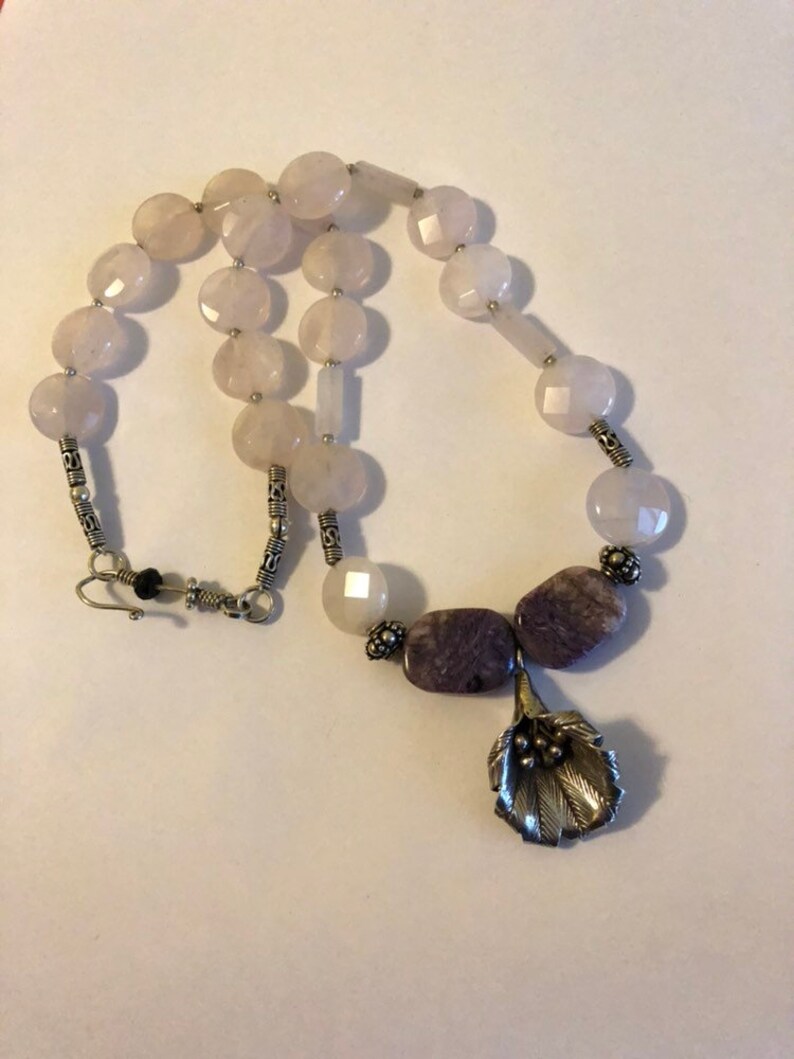 Rose Quartz Floral Necklace Boho Style With Purple Russian Charoite Gemstone Beads Accented With Sterling Silver Romantic Spring Jewelry