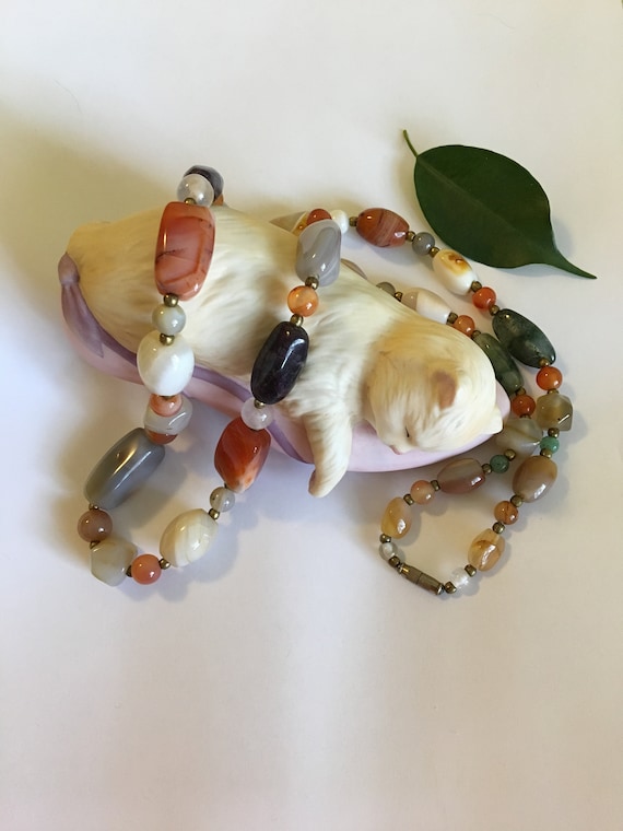 Agate and Carnelian Gemstone Necklace Vintage Mid 