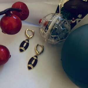 Football Earrings 18K Gold Filled Enamel CZ Crystal Sports Theme Geometric V Huggies Football Shaped Hoops image 8
