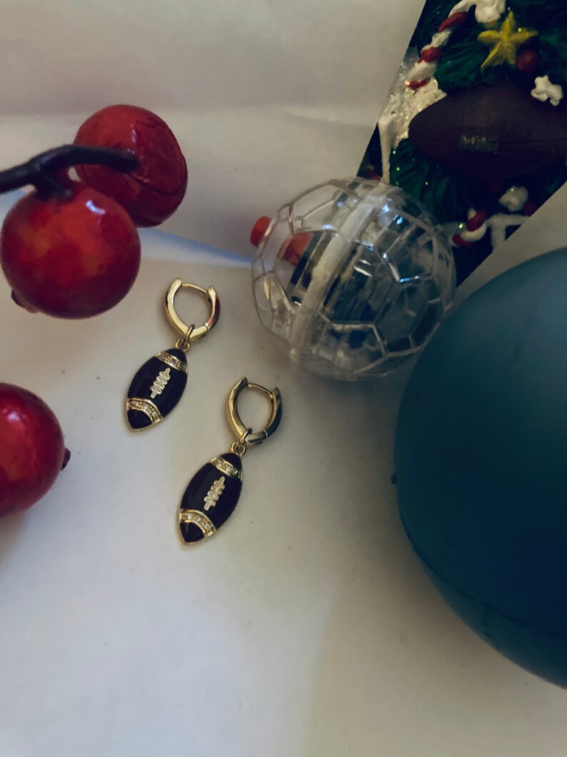 Football Earrings 18K Gold Filled Enamel CZ Crystal Sports Theme Geometric V Huggies Football Shaped Hoops image 8