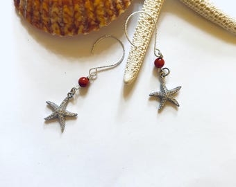 Sterling Silver Starfish Earrings Red Coral CZ and 14K White Gold Filled Beach Jewelry