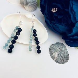 Aquamarine & Black Spinel Floral Sterling Silver Earrings Natural Faceted Gemstone Jewelry