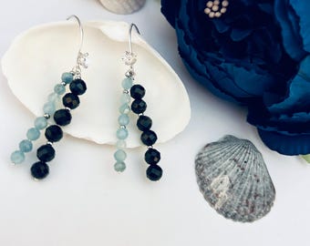 Aquamarine & Black Spinel Floral Sterling Silver Earrings Natural Faceted Gemstone Jewelry