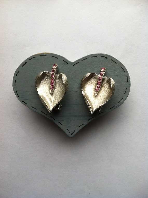 Silver and Pink Rhinestone Heart Shaped Leaf Earri