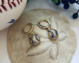 Baseball Earrings 18K Gold Filled Micro Pave CZ Crystal Sparkly Dainty Sports Themed Huggies Hoops Baseball Season Fun Jewelry Fan Gift