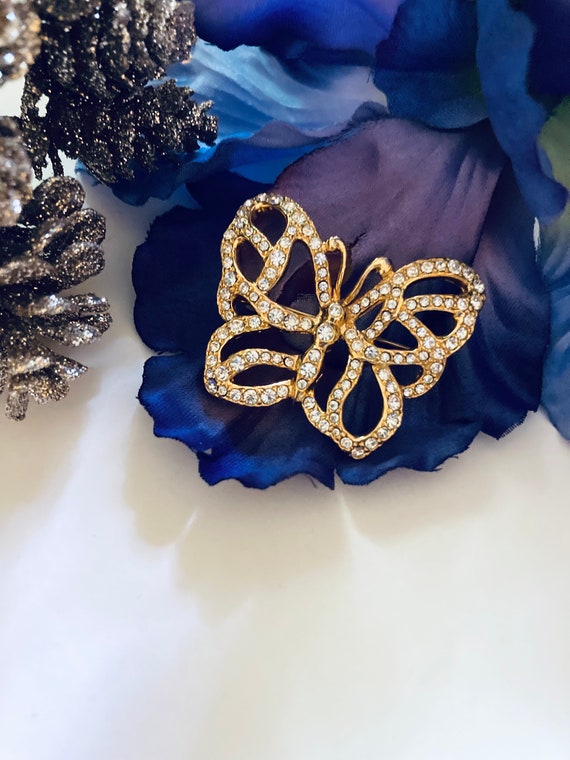 Vintage Gold Tone and White Rhinestone Butterfly Brooch Pin, Wedding Gift, Summer Gift, Birthday Gift, Butterfly Pin, Bridesmaid Gift