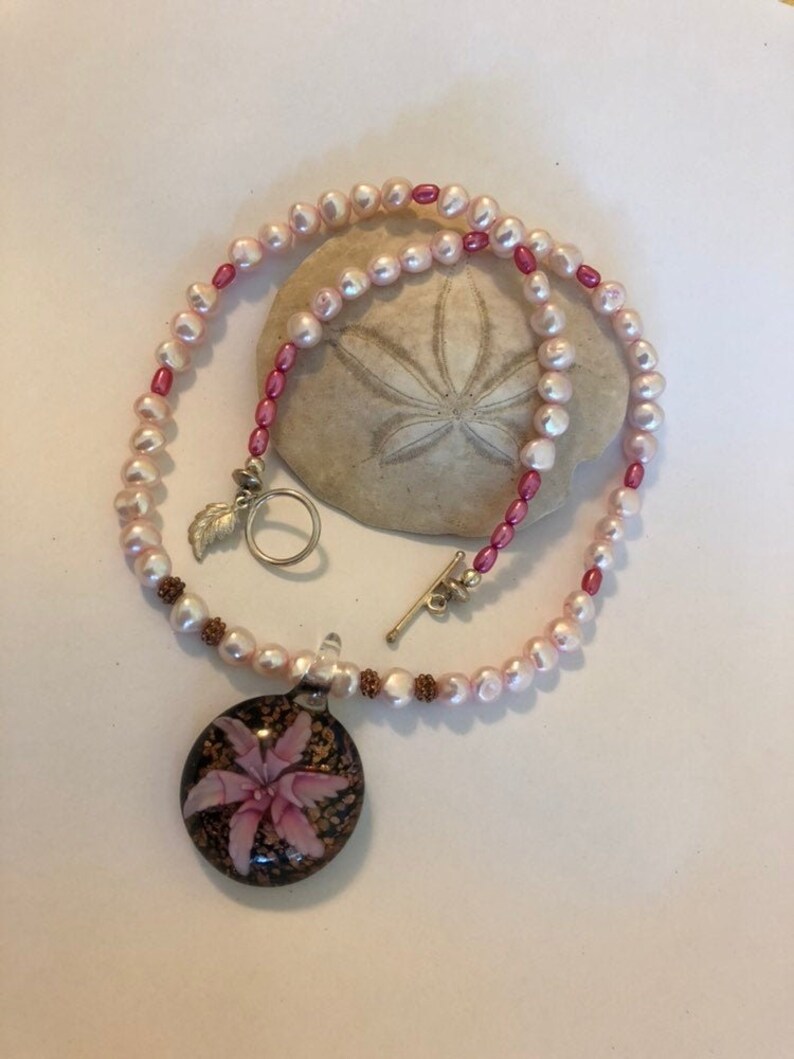 Sea Star Pink Flower Glass Pendant Necklace With Freshwater image 0