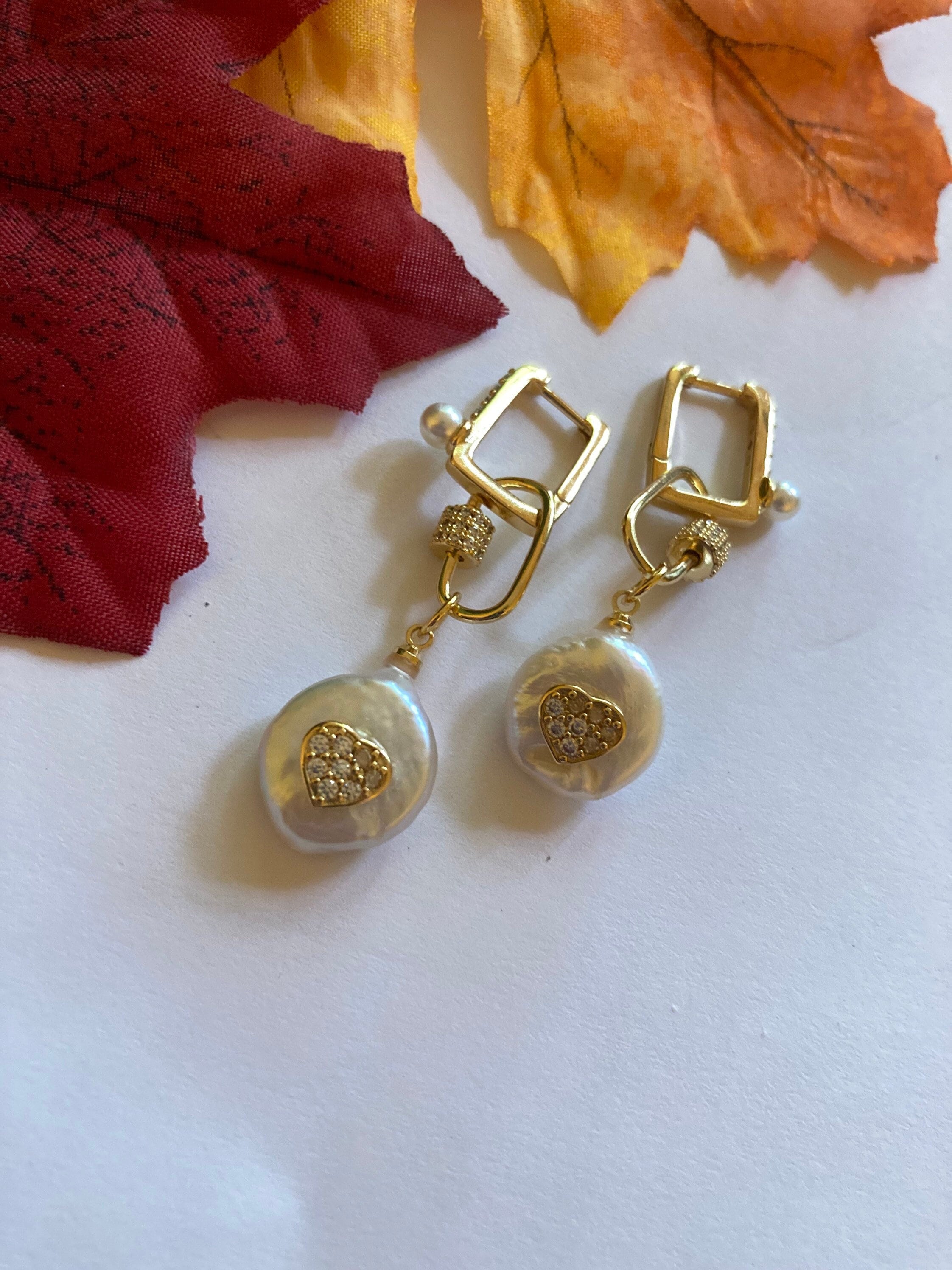 Baroque Coin Pearl Hoop Earrings Oval Carabiner Square Huggie Earrings 18K Gold Filled Statement Jewelry Trendy Fall Christmas Winter Gift