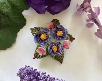 Purple and Pink Flower Brooch Aynsley Vintage English Porcelain Collectible Pin Spring Easter Mothers Day Jewelry Gardening Lovers Gift
