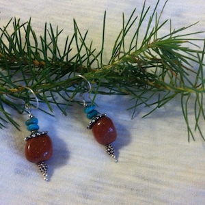 Acorn Earrings Goldstone and Turquoise Nugget Handmade Beaded Earrings Aqua and Brown Forest Nature Jewelry Sterling Silver Gift For Her