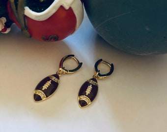 Football Earrings 18K Gold Filled Enamel CZ Crystal Sparkly Sports Theme Geometric V Huggies Fun Small Football Shaped Hoops Fan Team Gift