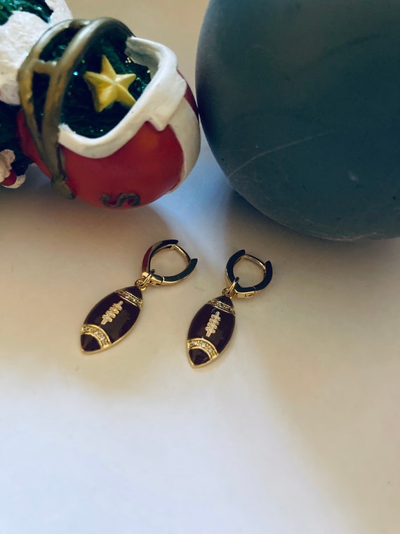 Football Earrings 18K Gold Filled Enamel CZ Crystal Sports Theme Geometric V Huggies Football Shaped Hoops