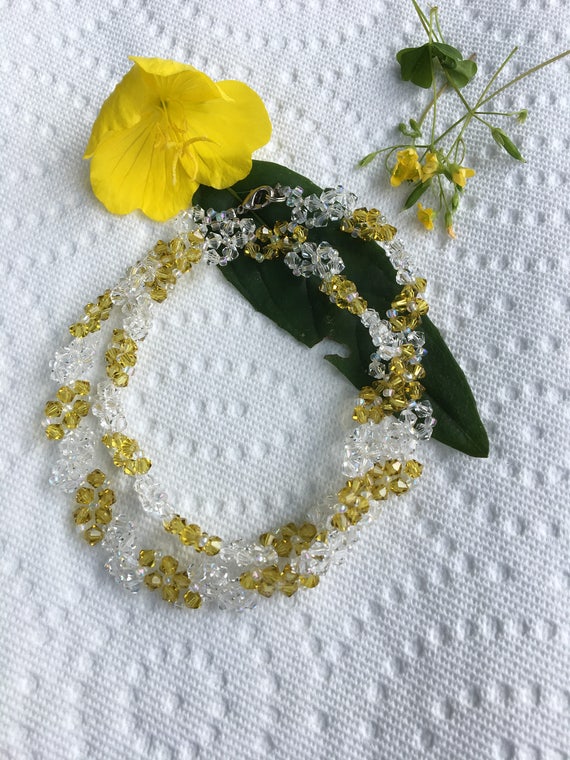 Sunflower Crystal Necklace Vintage Yellow and Whi… - image 3