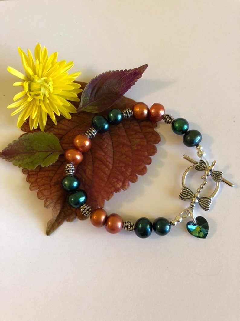 Autumn Dragonfly Bracelet Fall Hunter Green and Orange Pearl Jewelry Thanksgiving Gift Handmade Beaded Bracelet With Sterling Silver Accents image 1