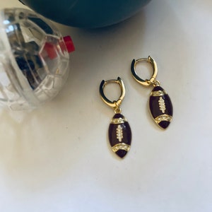 Football Earrings 18K Gold Filled Enamel CZ Crystal Sports Theme Geometric V Huggies Football Shaped Hoops image 7