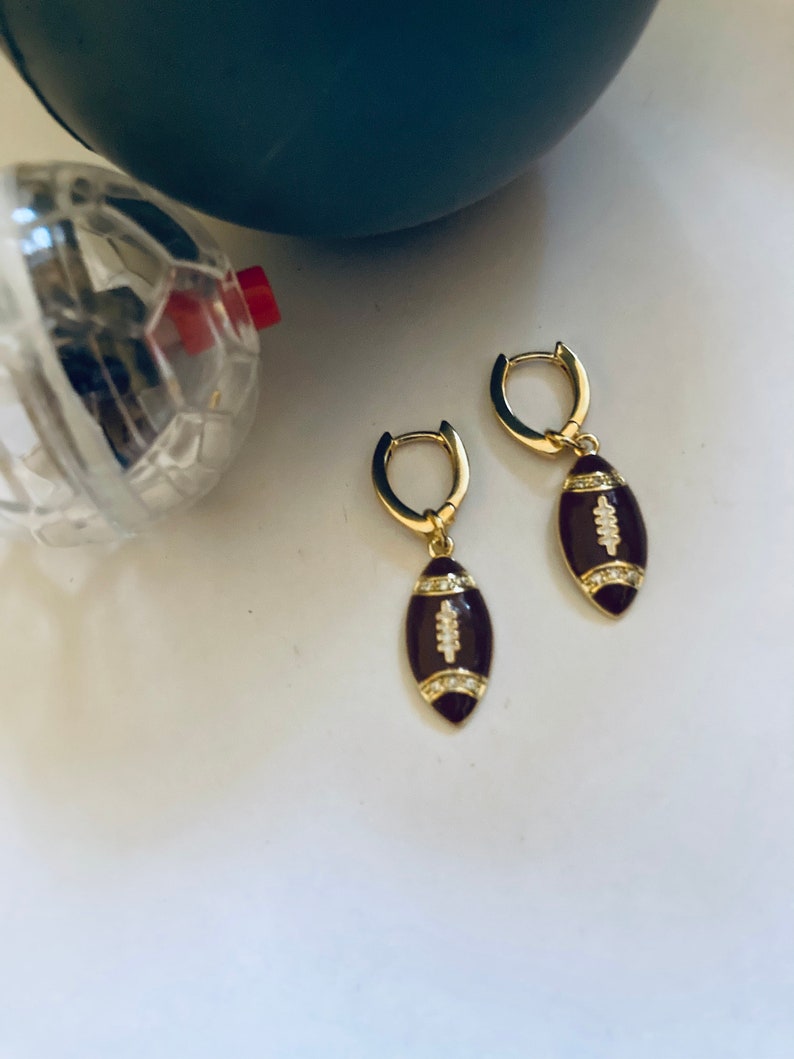 Football Earrings 18K Gold Filled Enamel CZ Crystal Sports Theme Geometric V Huggies Football Shaped Hoops image 7