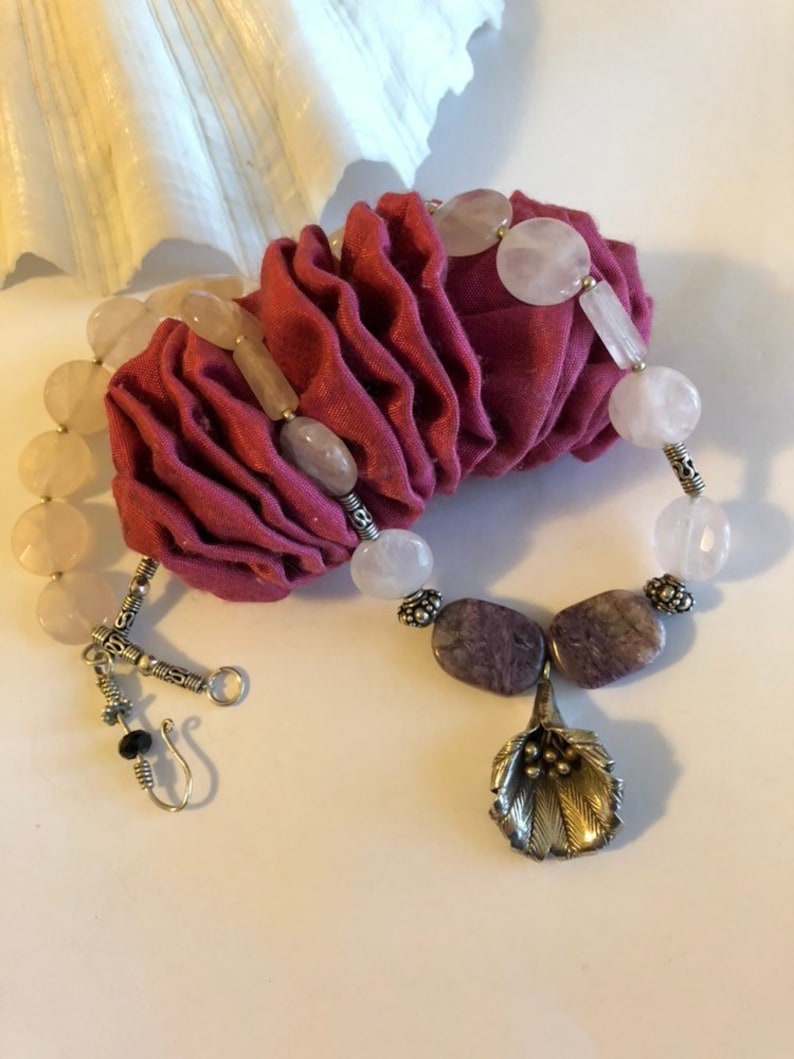Rose Quartz Floral Necklace Boho Style With Purple Russian Charoite Gemstone Beads Accented With Sterling Silver Romantic Spring Jewelry