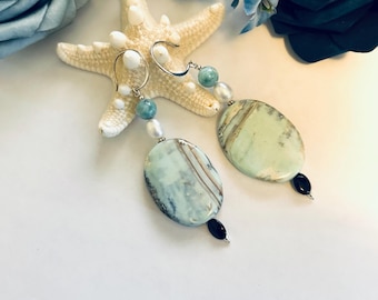 Sky Blue Dragon Skin Agate and Larimar Earrings Light Blue Gemstone Beads in Sterling Silver With White Pearls Black Onyx Spring Summer Gift